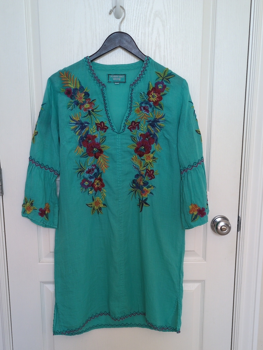 Johnny Was Teal Embroidered Floral Midi Dress